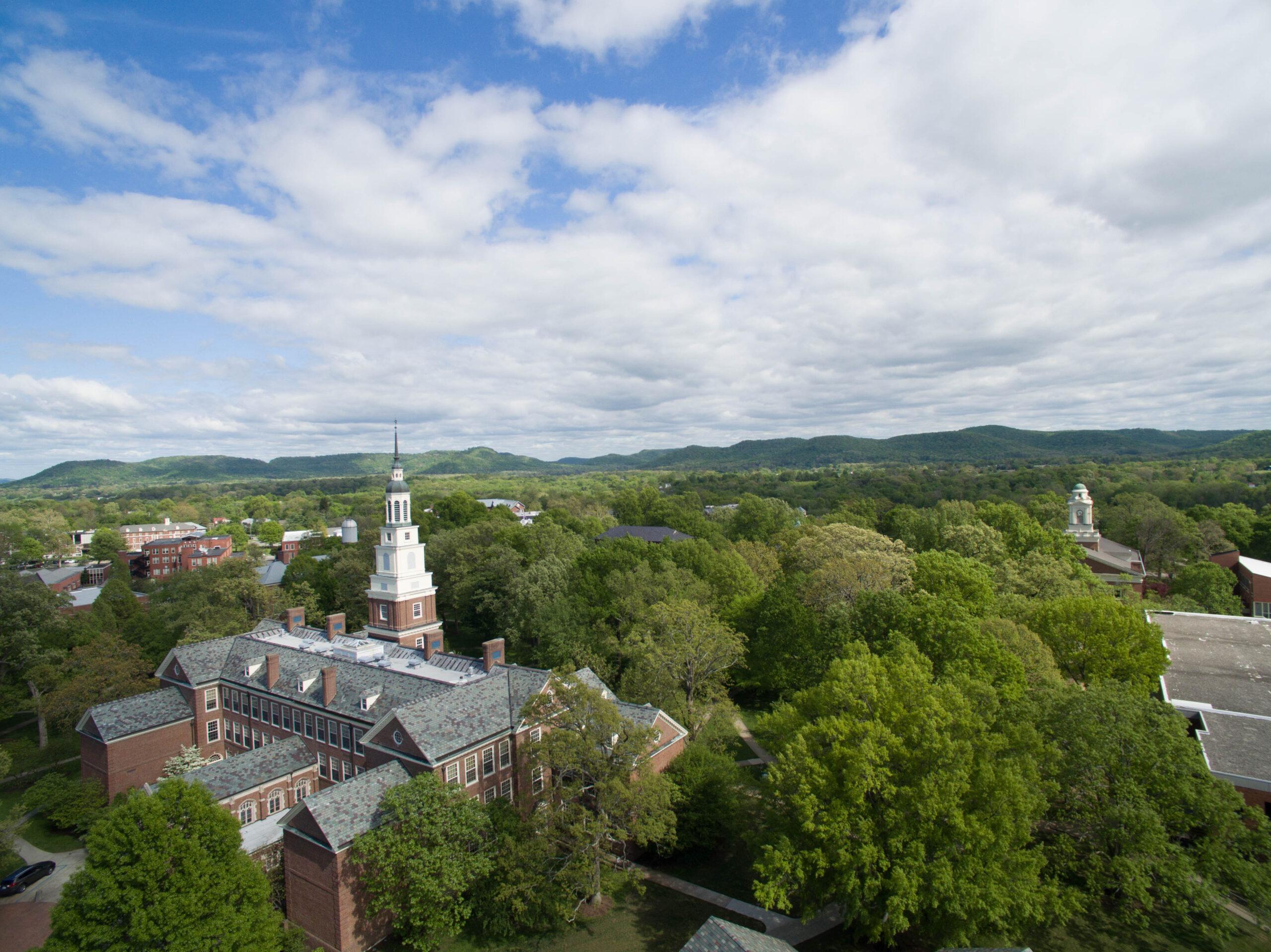 Ariel photo of the Berea College Draper building and the surrounding mountains